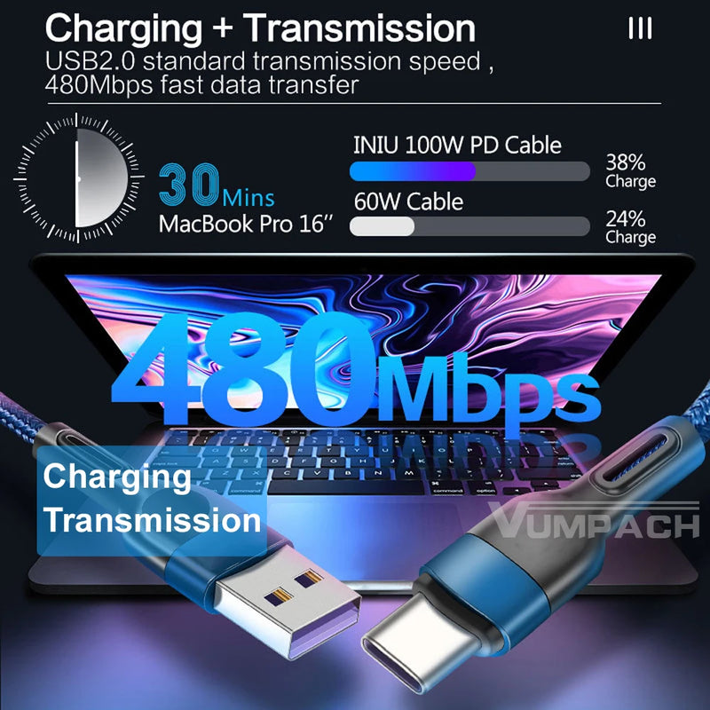 Cabo de Carregamento Rápido USB-A para Type-C